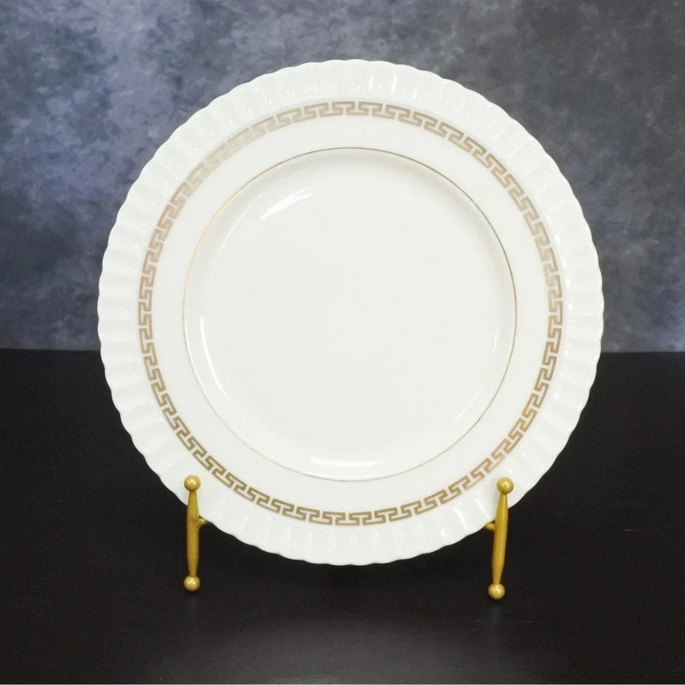 Vintage Lenox Mid Century Corinthian Gold Greek Key Ivory Salad Plate Set x 8
